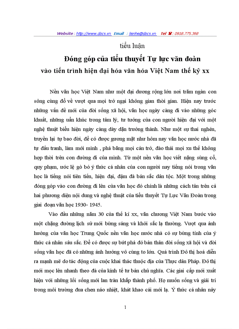 Đóng góp của tiểu thuyết Tự lực văn đoàn vào tiến trình hiện đại hóa văn hóa Việt Nam thế kỷ xx