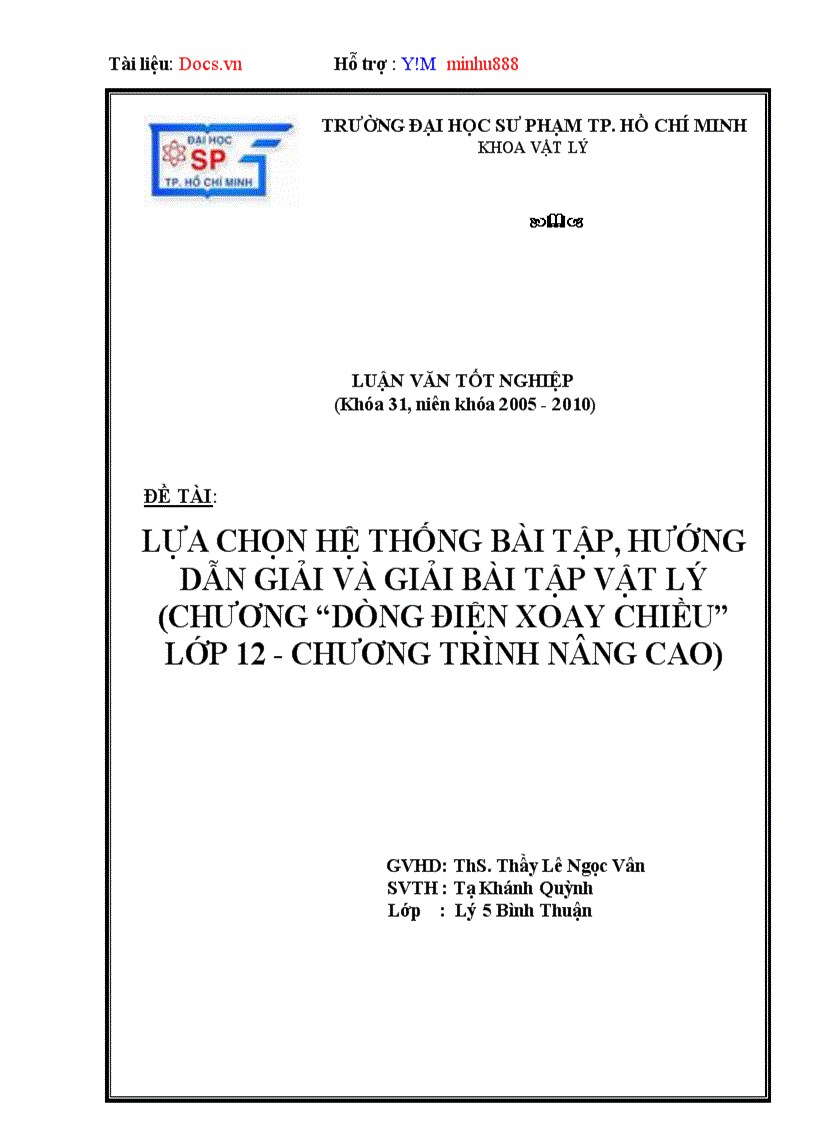 Lựa chọn hệ thống bài tập hướng dẫn giải và giải bài tập vật lý Chương Dòng điện xoay chiều Lớp 12 Chương trình nâng cao