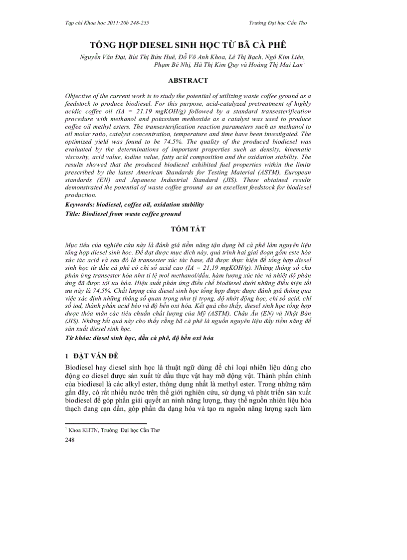 Tổng hợp diesel sinh học từ bã cà phê