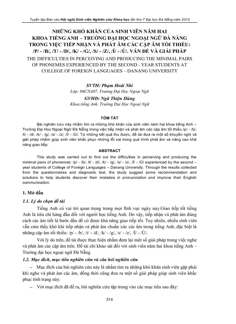 Những khó khăn của sinh viên năm hai khoa tiếng anh truờng đại học ngoại ngữ đà nẵng trong việc tiếp nhận và phát âm các cặp âm tối thiểu p b t d k g s z í ù Vấn đ