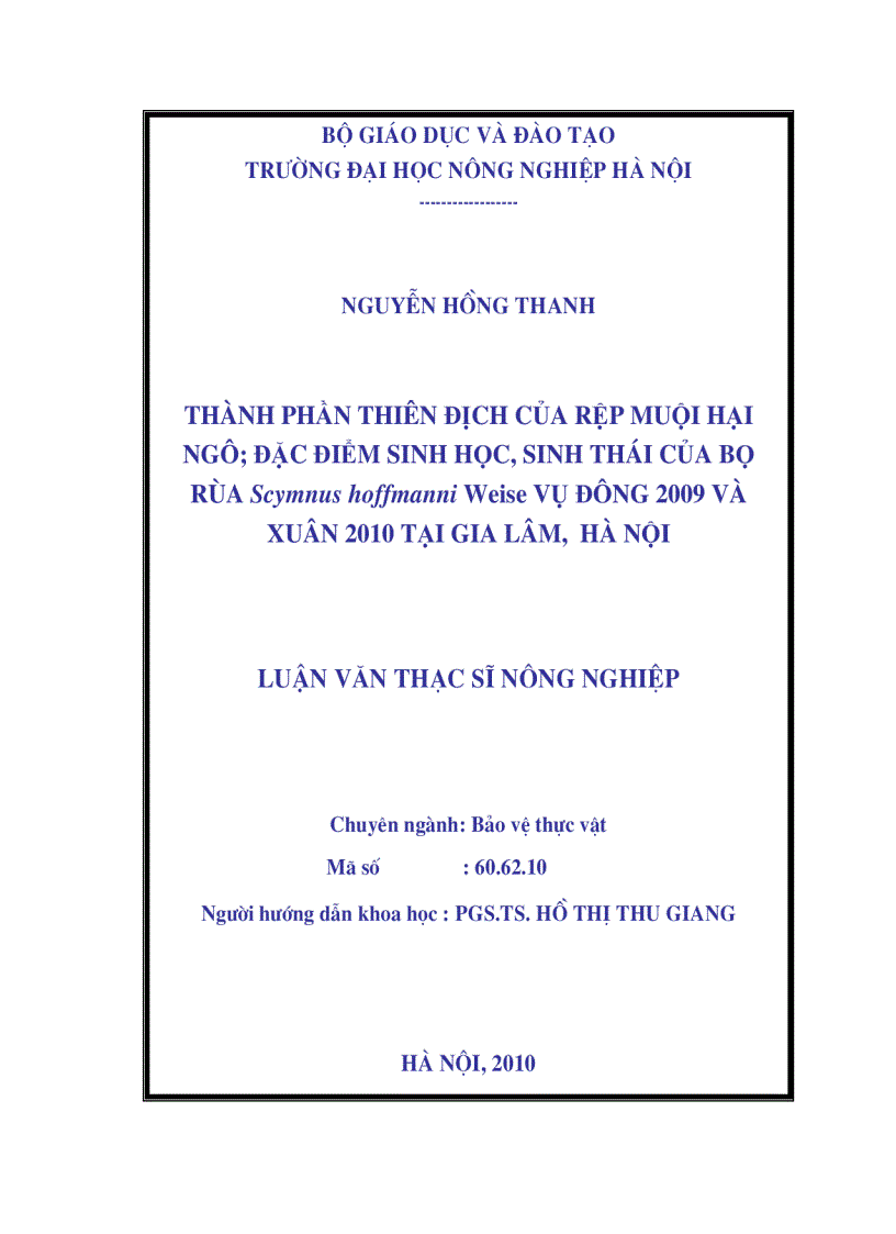 Nghiên cứu thiên địch của rệp hai ngô góp phần cân bằng sinh thái bảo vệ môi trường tại Hà Nôi 2009 2010