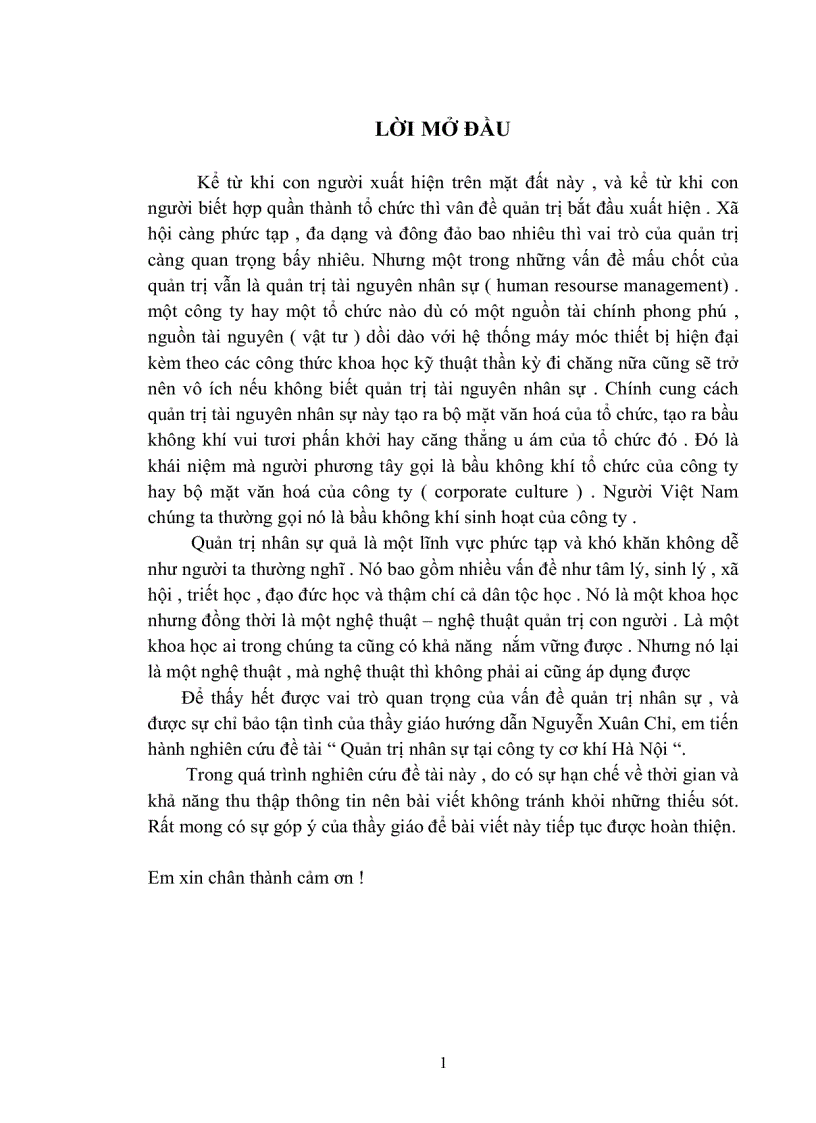Quản trị nguồn nhân lực tại công ty cơ khí Hà Nội Thực trạng và Giải pháp