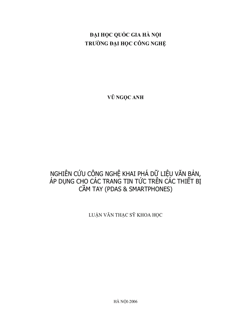 Nghiên cứu công nghệ khai phá dữ liệu văn bản áp dụng cho các trang tin tức trên các thiết bị cầm tay pdas smartphones