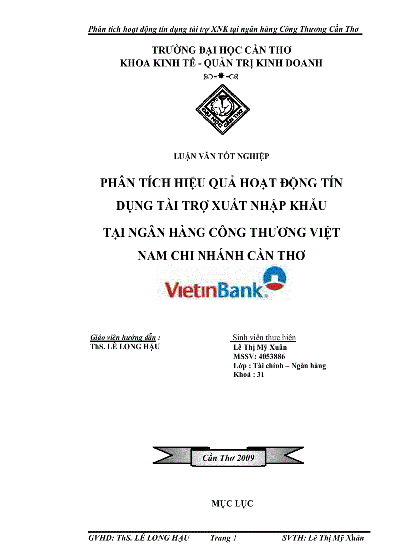 Phân tích hiệu quả hoạt động tín dụng tài trợ xuất nhập khẩu tại ngân hàng công thương việt nam chi nhánh cần thơ