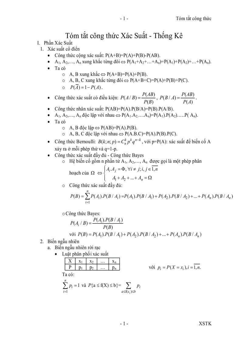 Tóm tắt xác xuất thống kê đề cương công nghệ mộc