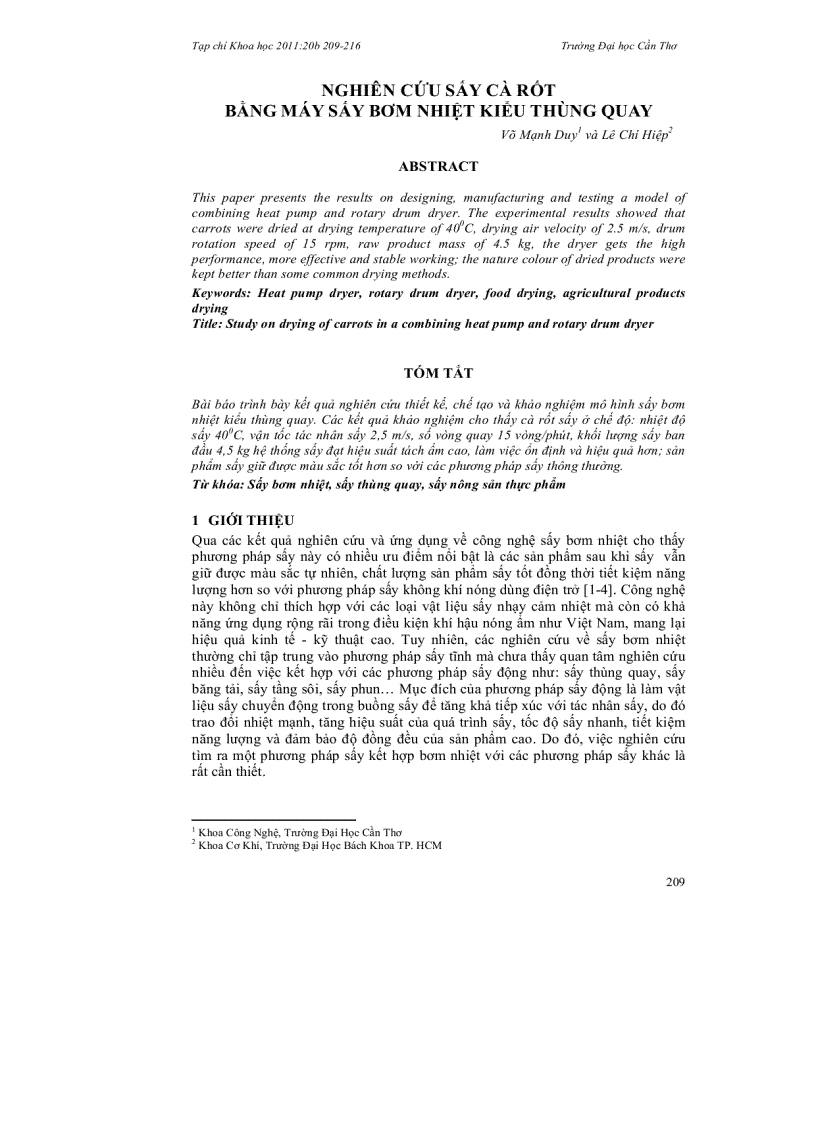 Nghiên cứu sấy cà rốt bằng máy sấy bơm nhiệt kiểu thùng quay