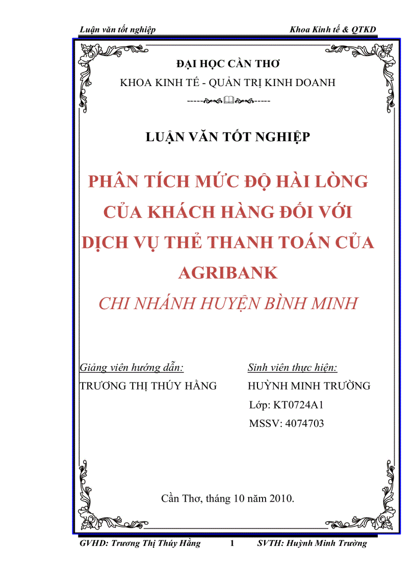 Phân tích mức độ hài lòng của khách hàng đối với dịch vụ thẻ thanh toán của agribank chi nhánh huyện bình minh