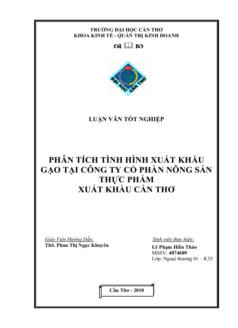 Phân tích tình hình xuất khẩu gạo tại công ty cổ phần nông sản thực phẩm xuất khẩu cần thơ