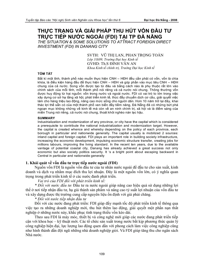 Thực trạng và giải pháp thu hút vốn đầu tư trực tiếp nước ngoài fdi tại tp đà nẵng
