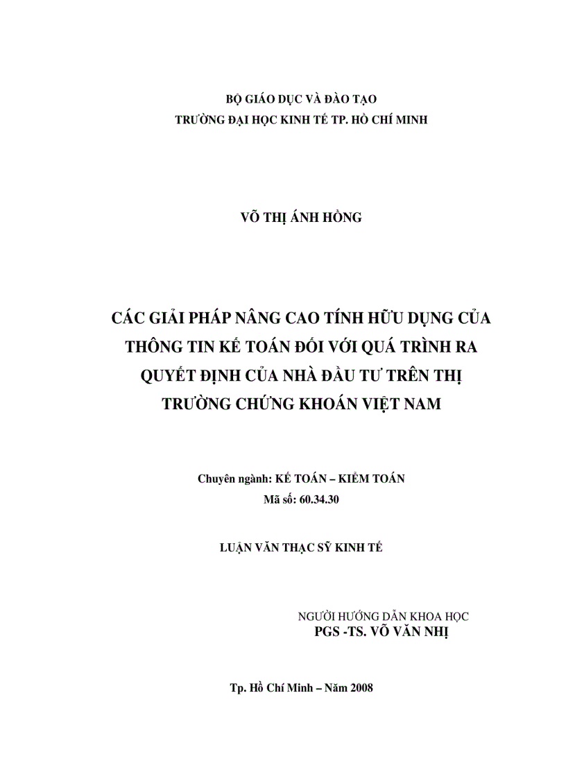 Giải pháp nâng cao tính hữu dụng của thông tin kế toán đối với quá trình ra quyết định của nhà đầu tư trên thị trường chứng khoán Việt Nam