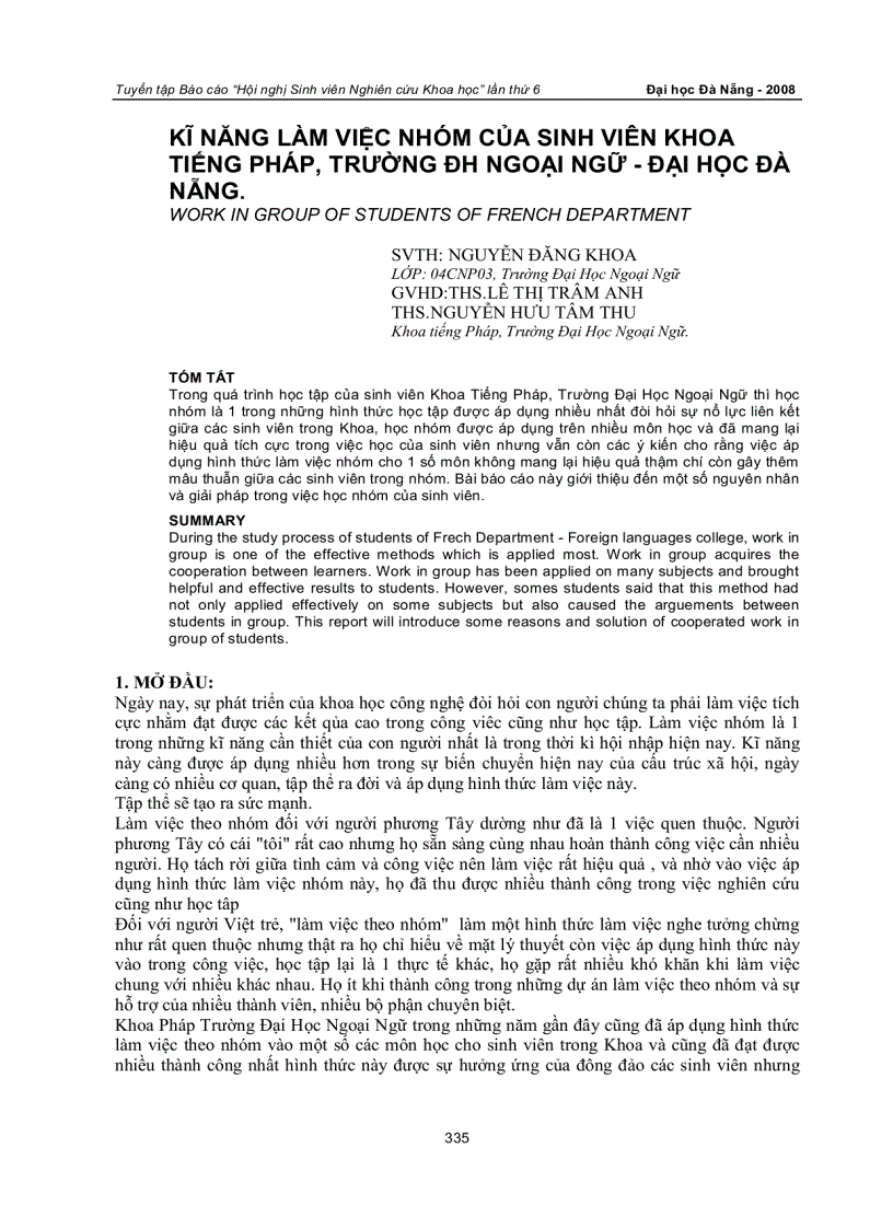 Kĩ năng làm việc nhóm của sinh viên khoa tiếng pháp trường đh ngoại ngữ đại học đà nẵng