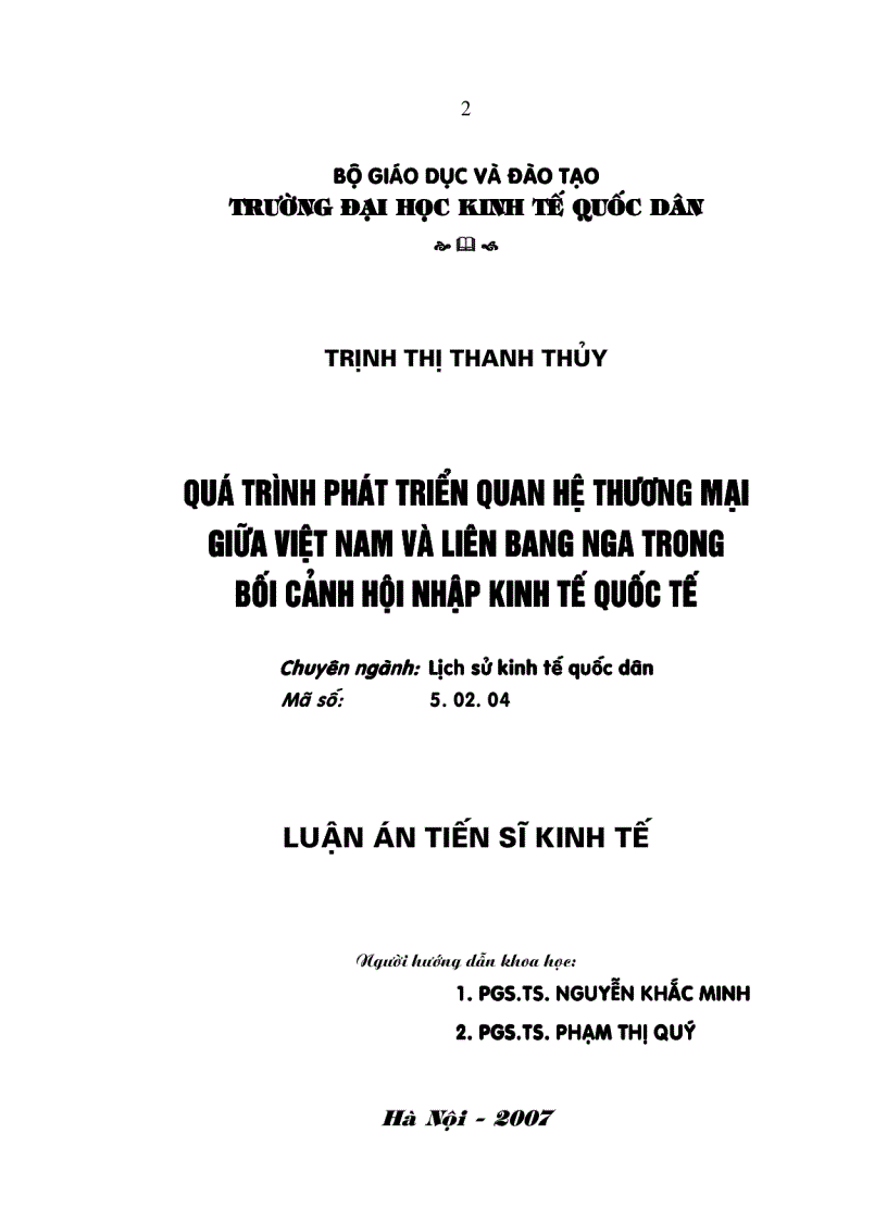 Quá trình phát triển quan hệ thương mại giữa Việt Nam và liên bang Nga trong bối cảnh hội nhập kinh tế quốc tế