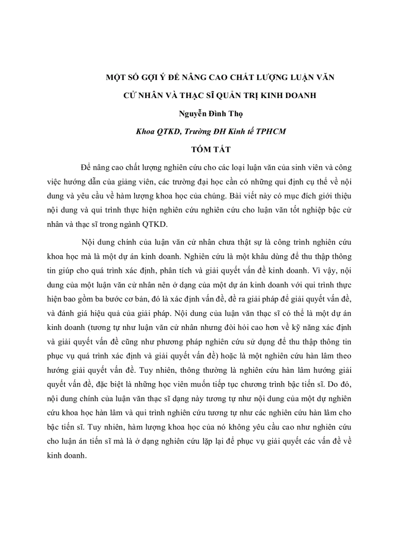 Một số gợi ý để nâng cao chất lượng luận văn cử nhân và thạc sĩ quản trị kinh doanh