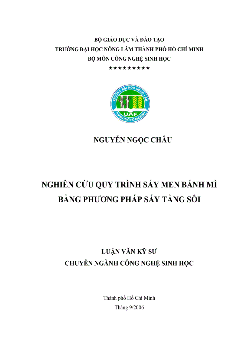 Nghiên cứu quy trình sấy men bánh mì bằng phương pháp sấy tầng sôi