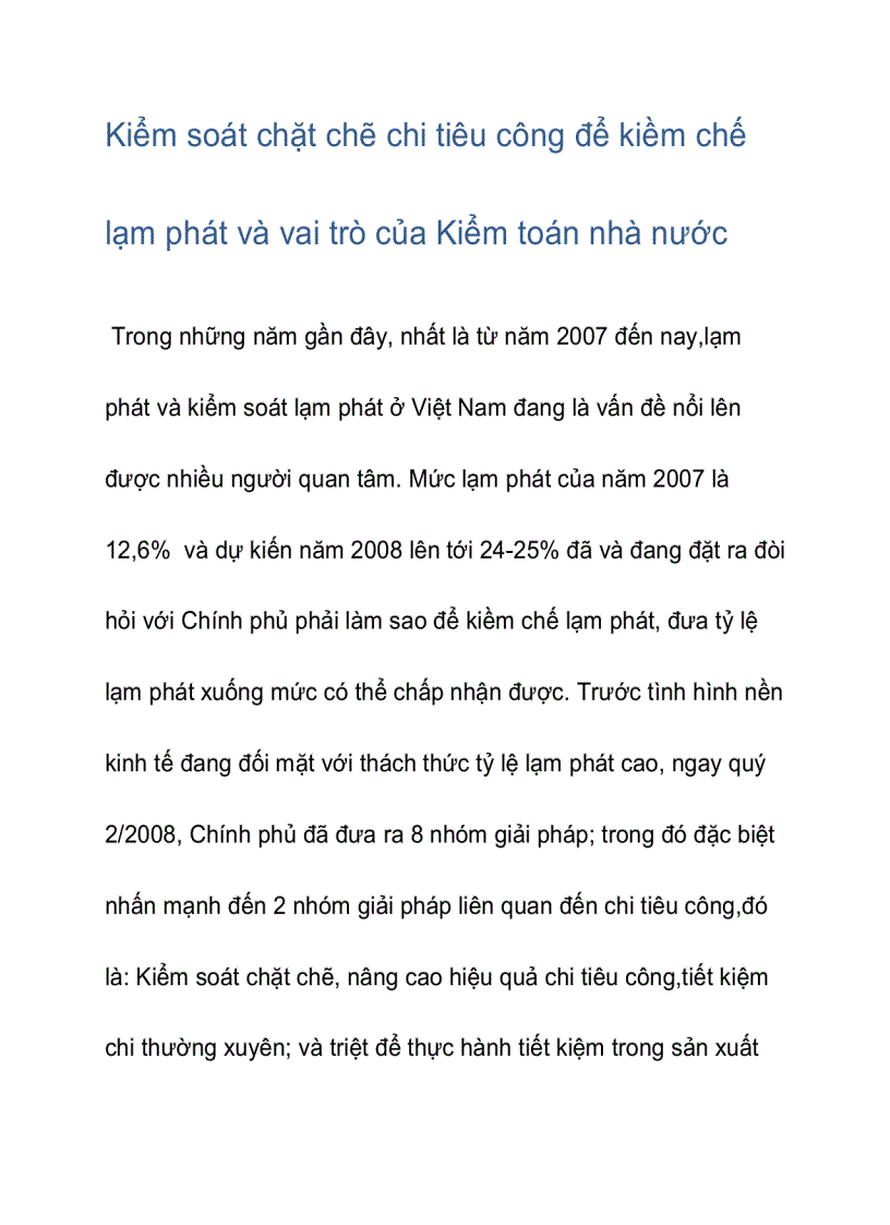 Kiểm soát chặt chẽ chi tiêu công để kiềm chế lạm phát và vai trò của Kiểm toán nhà nước