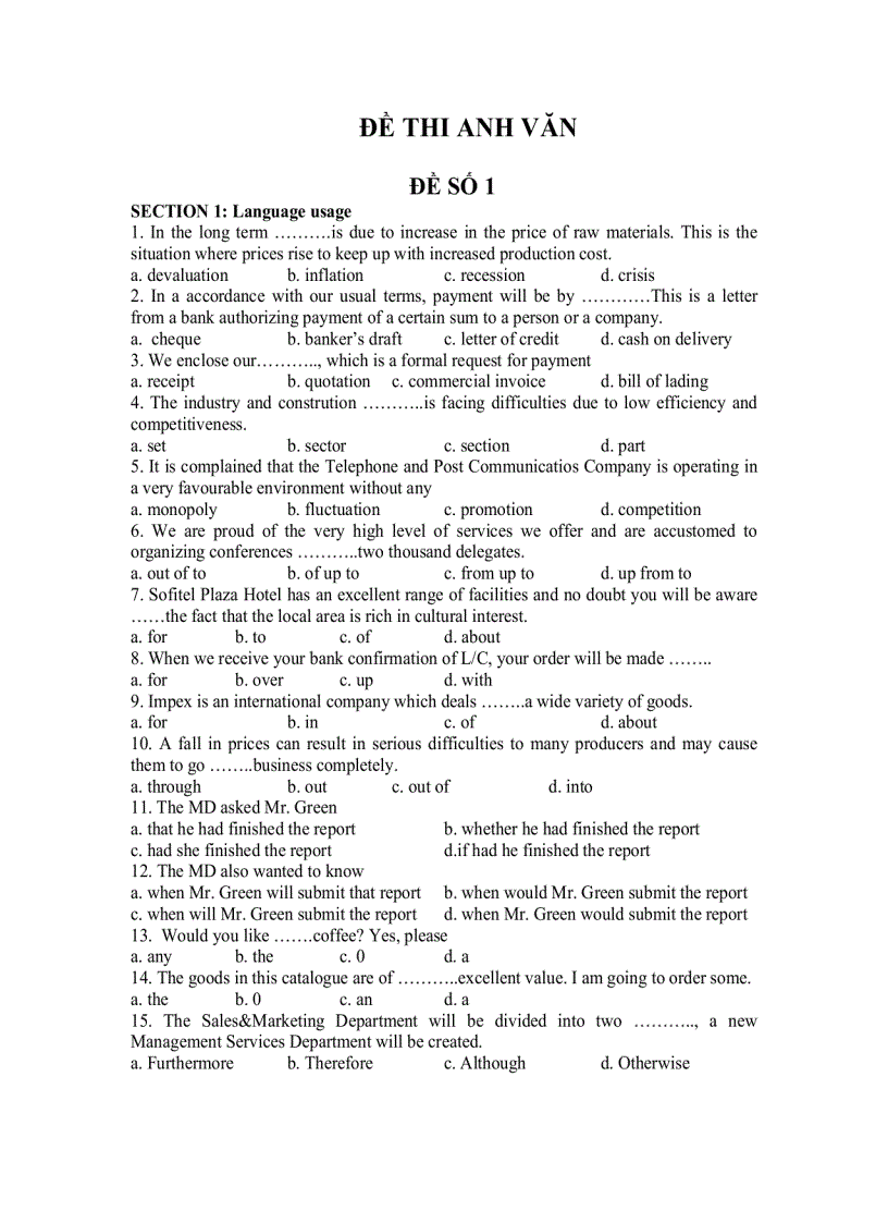 Đề thi tiếng anh vào cac ngân hàng