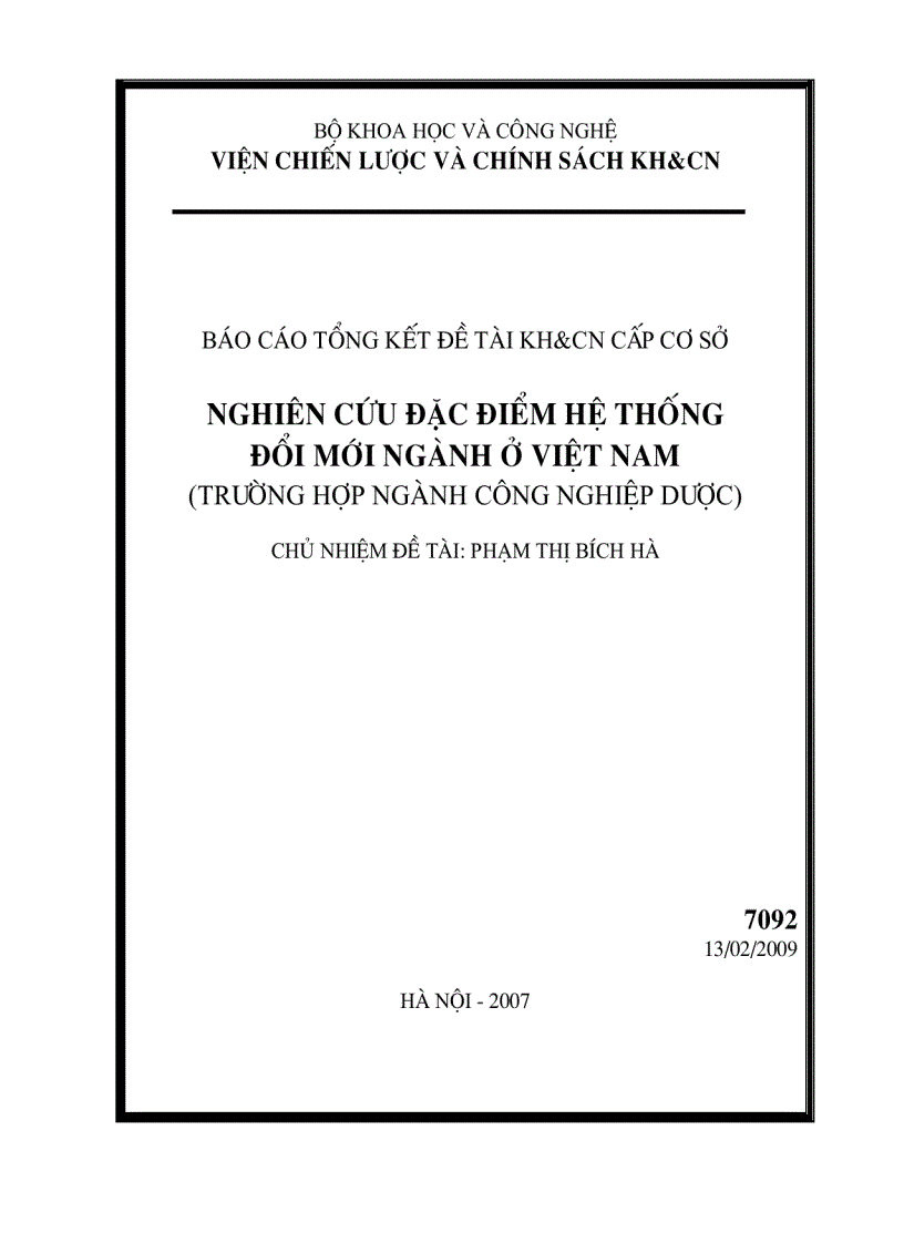 Nghiên cứu đặc điểm hệ thống đổi mới ngành ở Việt Nam Trường hợp ngành Công nghiệp dược