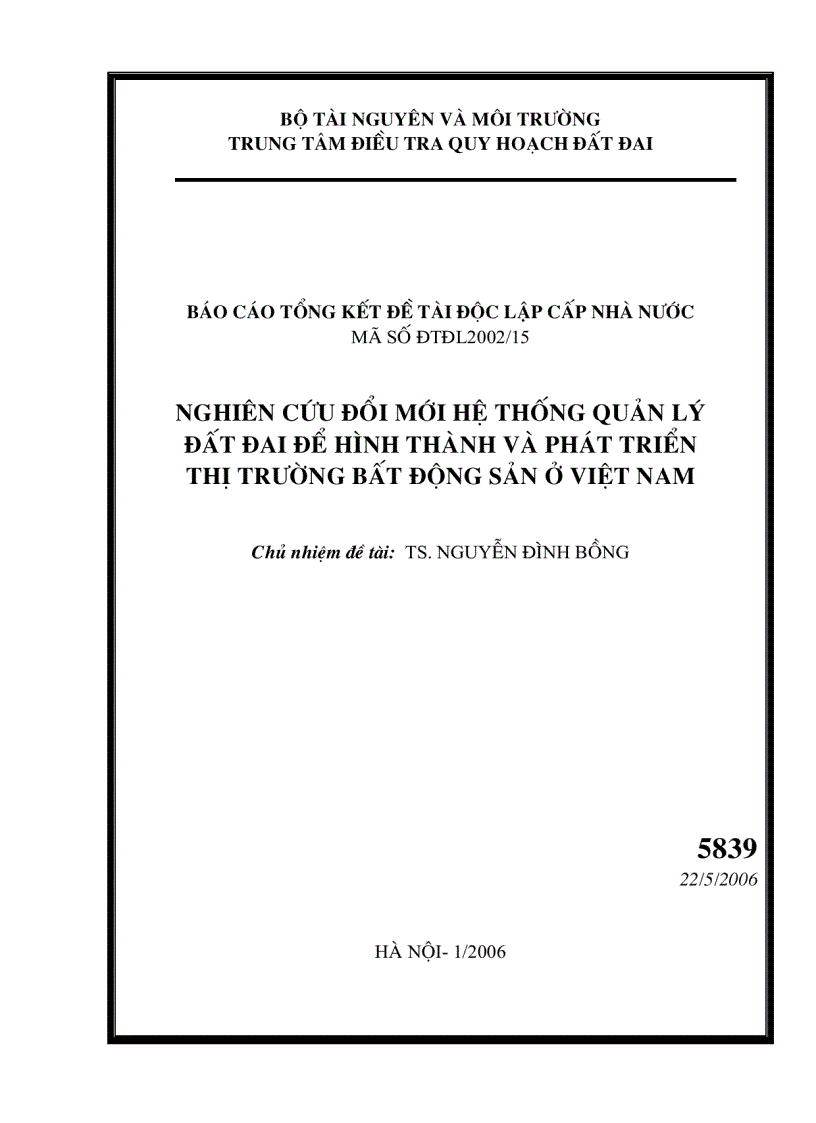 Nghiên cứu đổi mới hệ thống quản lý đất đai để hình thành và phát triển thị trường bất động sản ở Việt Nam