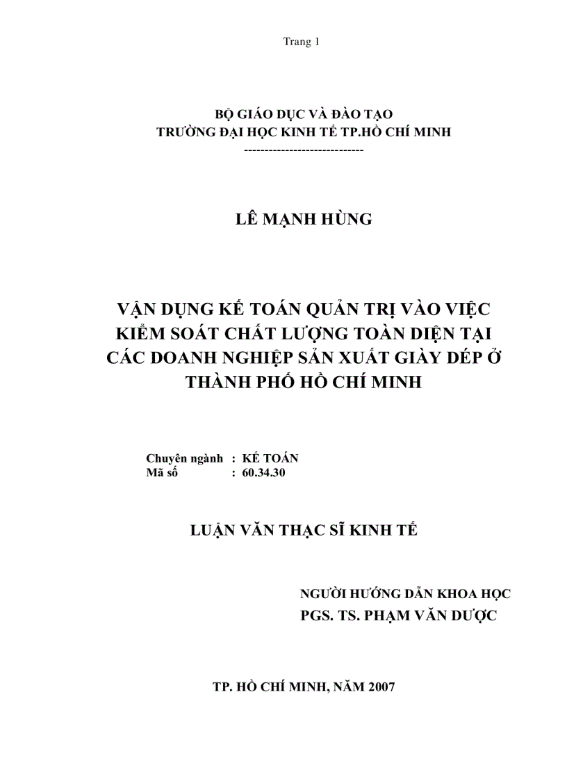 Vận dụng kế toán quản trị vào việc kiểm soát chất lượng toàn diện tại các doanh nghiệp sản xuất giày dép ở TP HCM