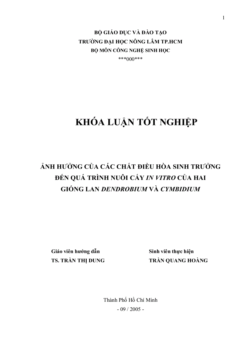 Ảnh hưởng của các chất điều hòa sinh trưởng đến quá trình nuôi cấy in vitro của hai giống lan dendrobium và cymbidium