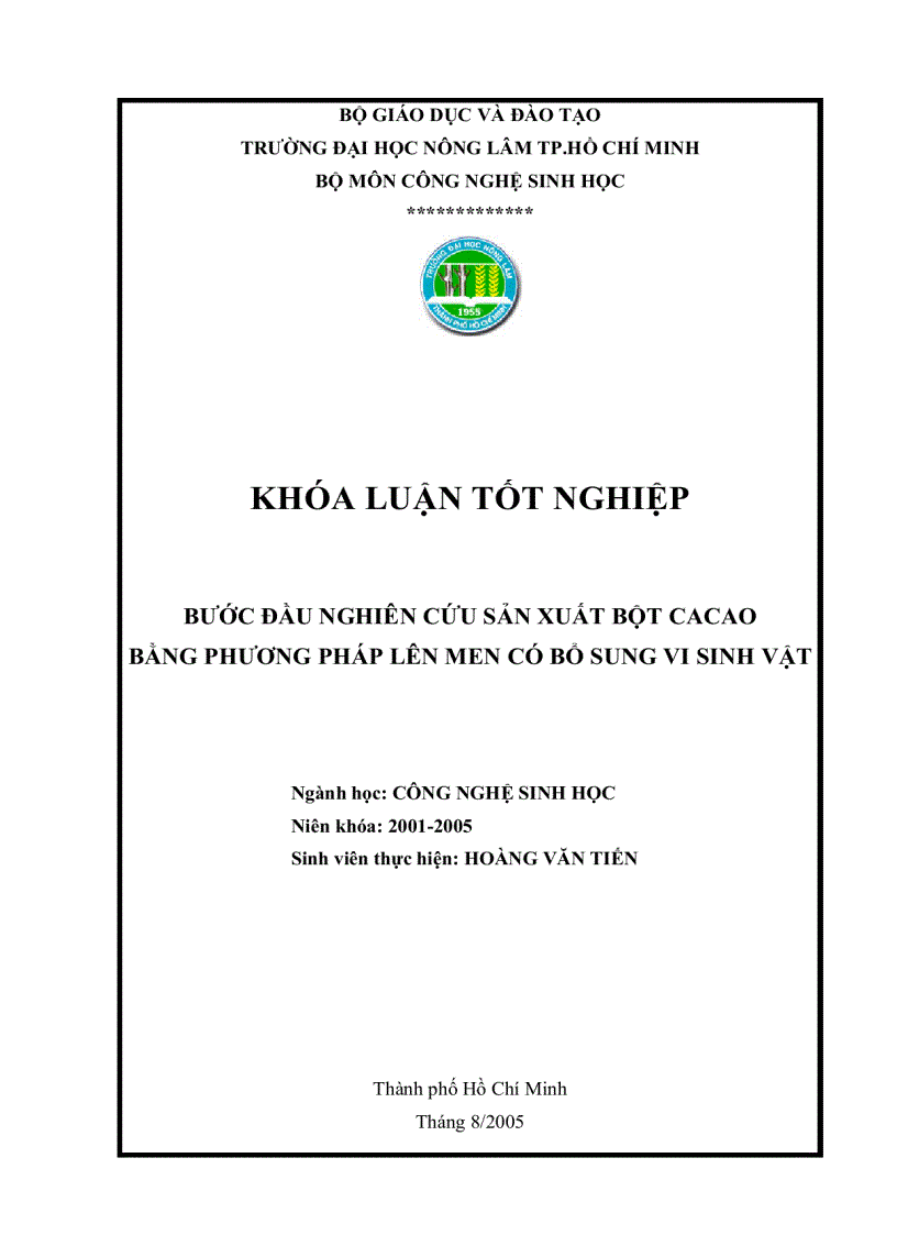 Bước đầu nghiên cứu sản xuất bột cacao bằng phương pháp lên men có bổ sung vi sinh vật