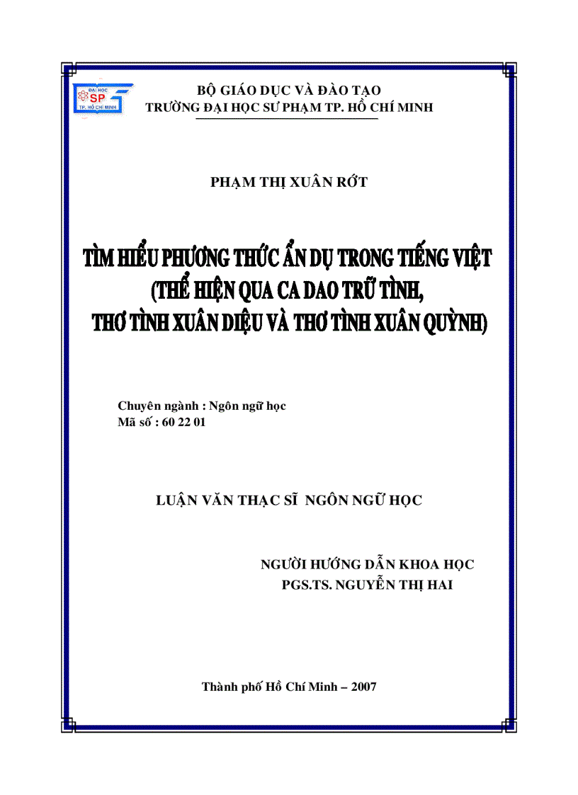 Tìm hiểu phương thức ẩn dụ trong tiếng Việt thể hiện qua ca dao trữ tình thơ tình Xuân Diệu và thơ tình Xuân Quỳnh