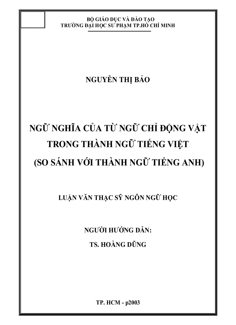 Ngữ nghĩa của từ ngữ chỉ động vật trong thành ngữ tiếng Việt so sánh với thành ngữ tiếng Anh