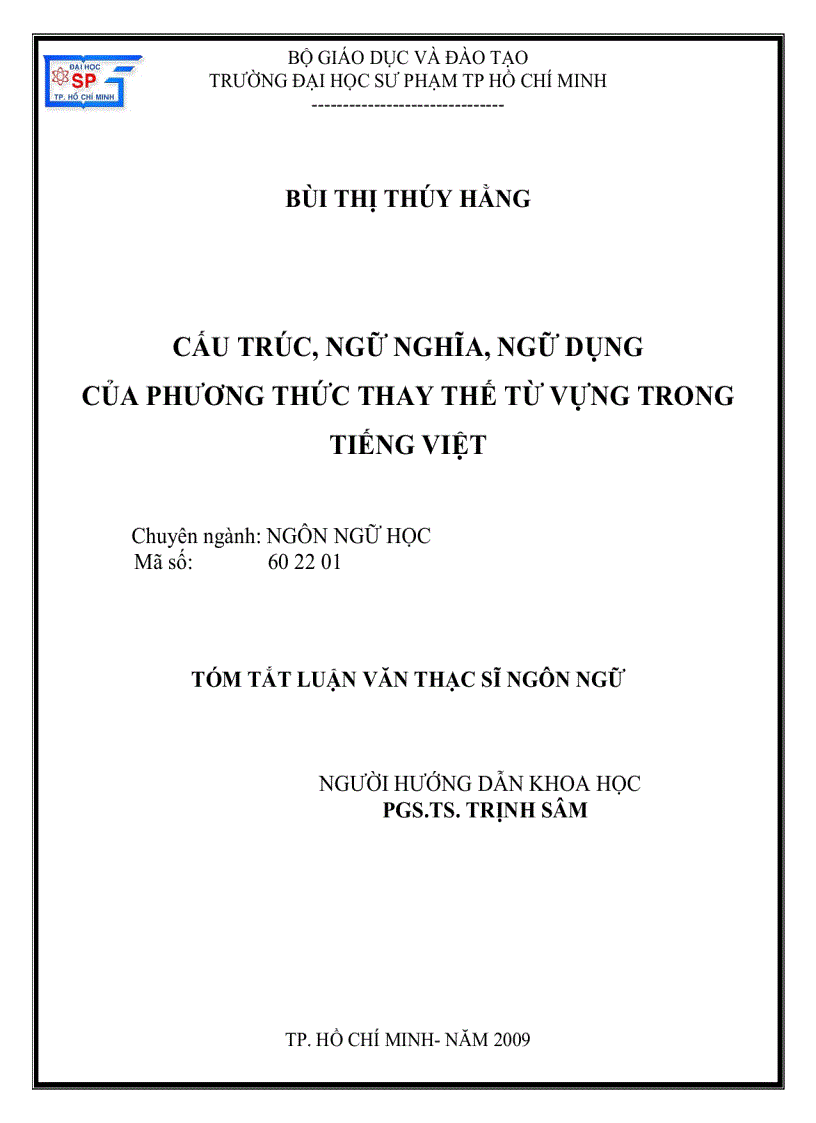 Cấu trúc ngữ nghĩa ngữ dụng của phương thức thay thế từ vựng trong tiếng Việt