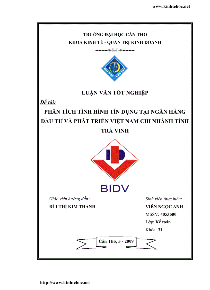 Phân tích tình hình tín dụng tại ngân hàng đầu tư và phát triển việt nam chi nhánh tỉnh trà vinh