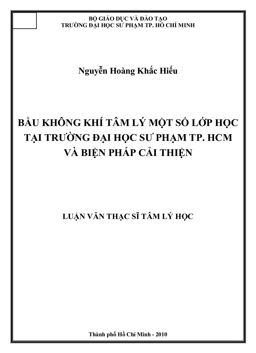 Bầu không khí tâm lý một số lớp học tại trường đại học sư phạm TP HCM và biện pháp cải thiện