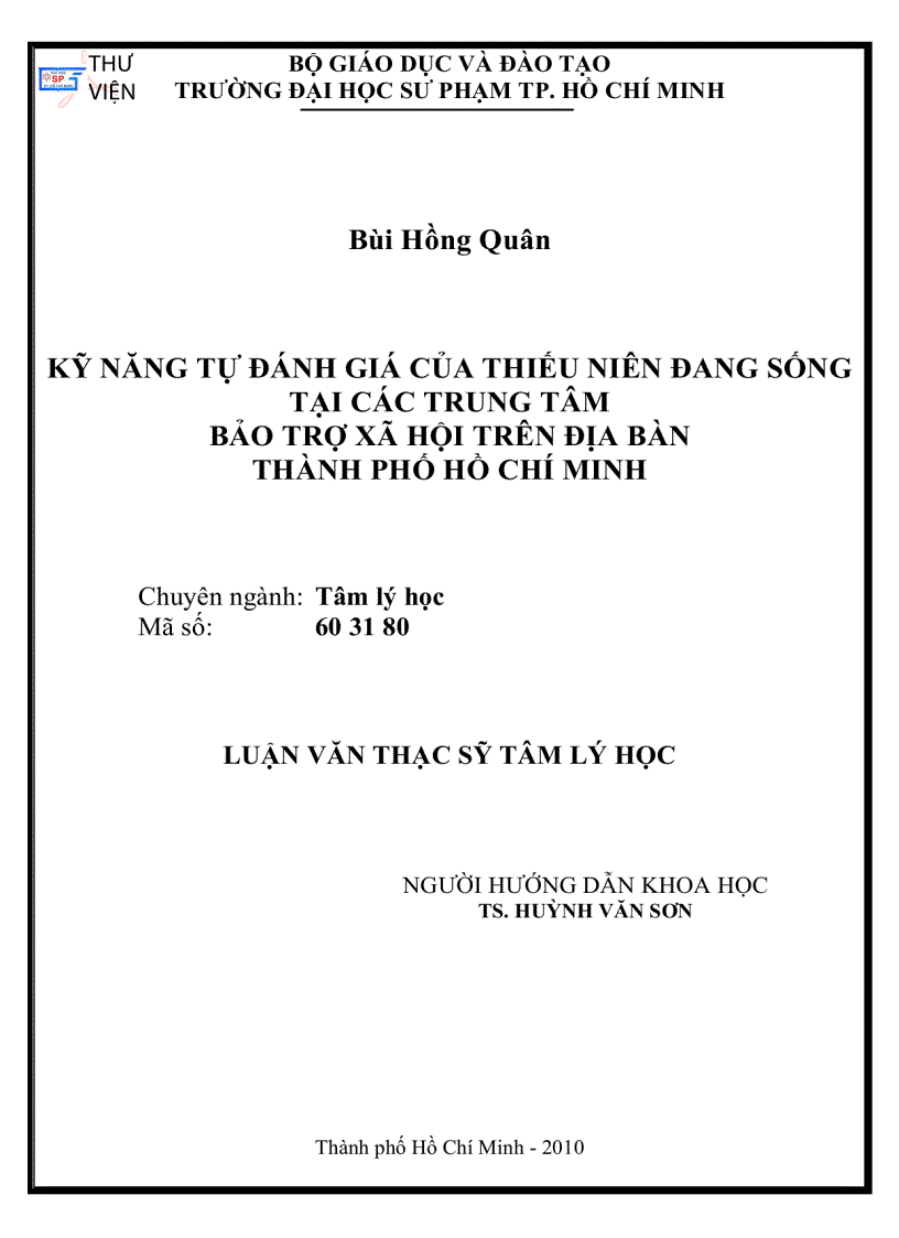 Kỹ năng tự đánh giá của thiếu niên đang sống tại các trung tâm bảo trợ xã hội trên địa bàn thành phố Hồ Chí Minh