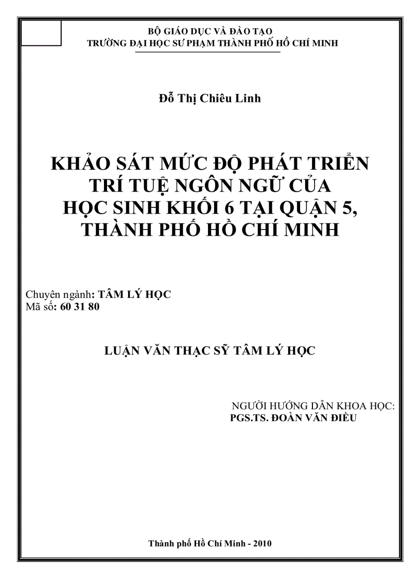 Khảo sát mức độ phát triển trí tuệ ngôn ngữ của học sinh khối 6 tại quận 5 thành phố Hồ Chí Minh