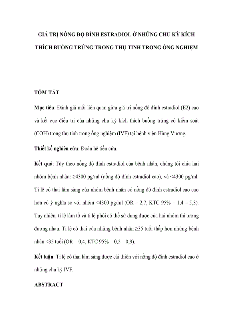 Giá trị nồng độ đỉnh estradiol ở những chu kỳ kích thích buồng trứng trong thụ tinh trong ống nghiệm
