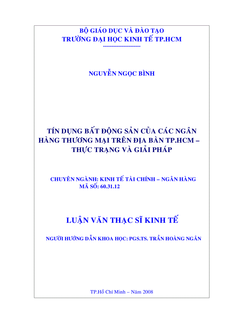 Tín dụng bất động sản của các ngân hàng thương mại trên địa bàn TP HCM Thực trạng và giải pháp