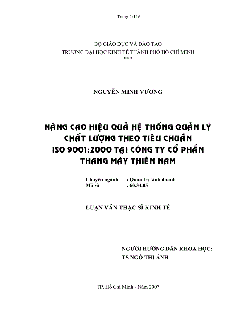 Nâng cao hiệu quả hệ thống quản lý chất lượng theo tiêu chuẩn iso 90012000 tại công ty cổ phần thang máy thiên nam