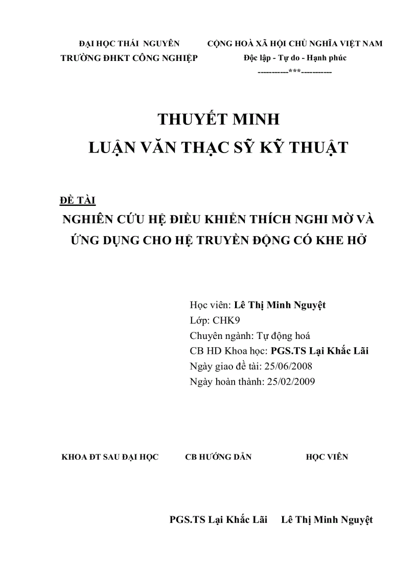 Nghiên cứu hệ điều khiển thích nghi mờ và ứng dụng cho hệ truyền động khe hở