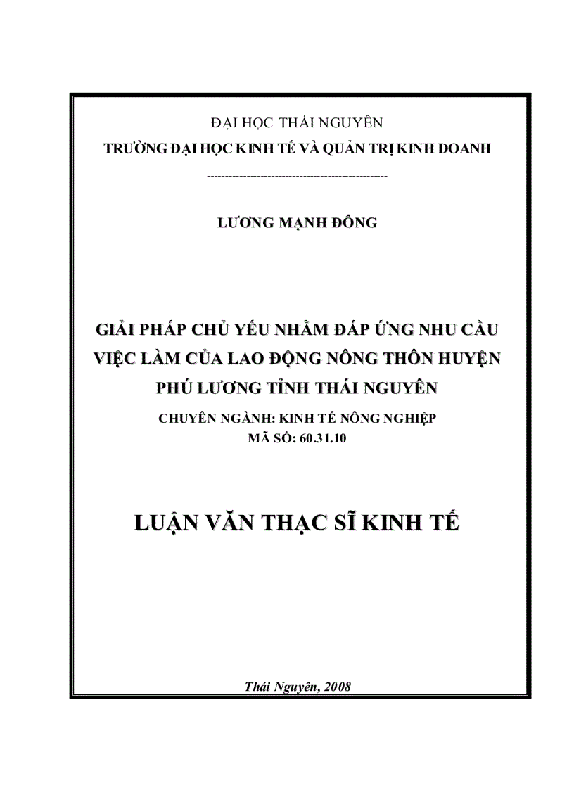 Giải pháp chủ yếu nhằm đáp ứng nhu cầu việc làm của lao động nông thôn huyện Phú Lương tỉnh Thái Nguyên