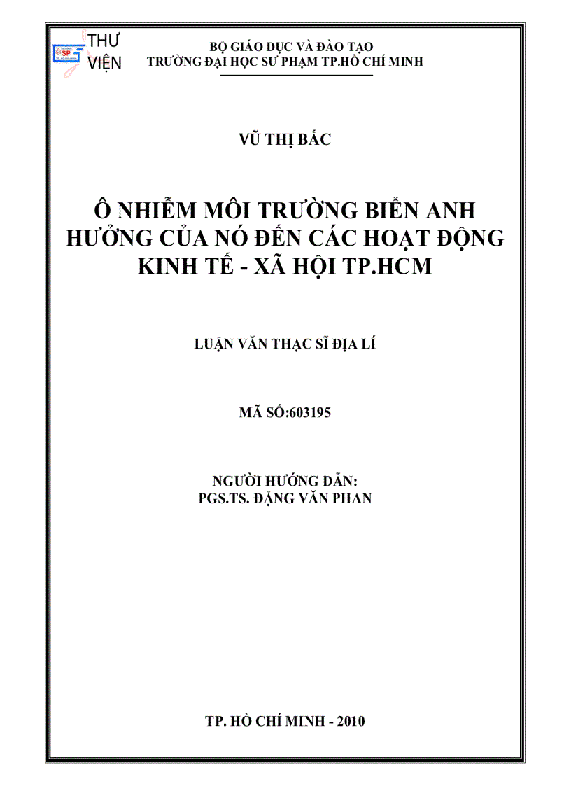 Ônhiễm môi trường biển ảnh hưởng của nó đến các hoạt động kinh tế xã hội TPHCM