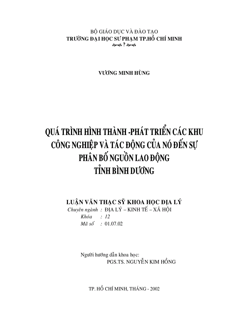 Qúa trình hình thành phát triển các khu công nghiệp và tác động của nó đến sự phân bố nguồn lao động tỉnh Bình Dương