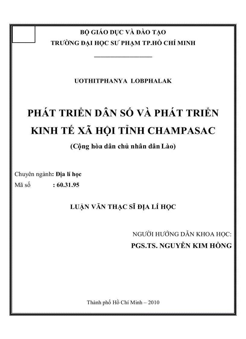 Phát triển dân số và phát triển kinh tế xã hội tỉnh Champasac cộng hòa dân chủ nhân dân Lào