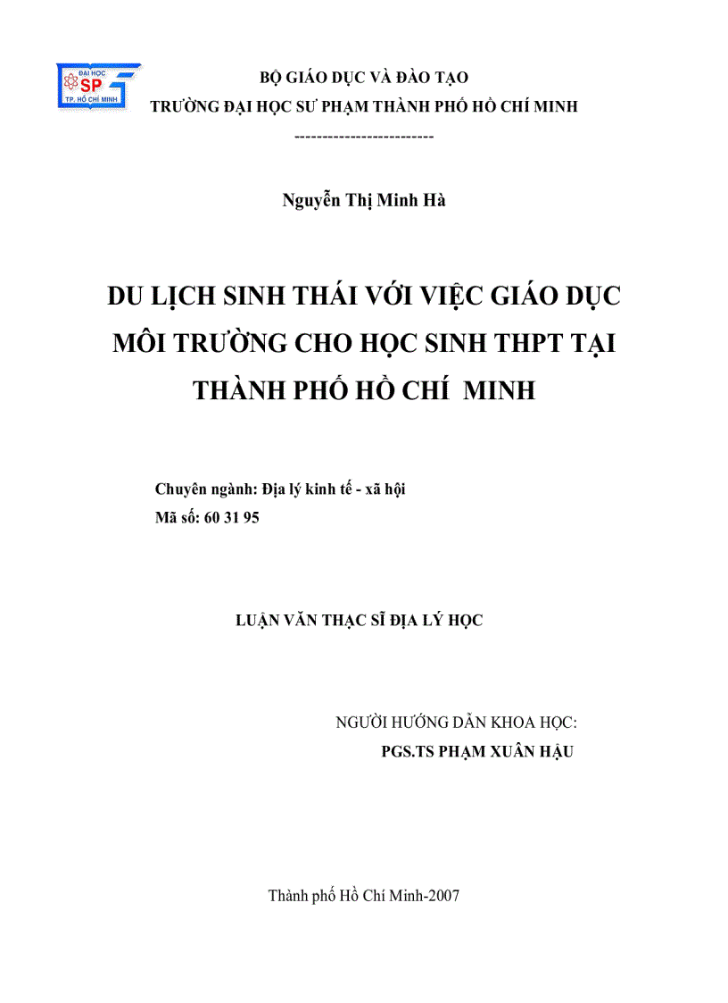 Du lịch sinh thái với việc giáo dục môi trường cho học sinh THPT tại thành phố Hồ Chí Minh