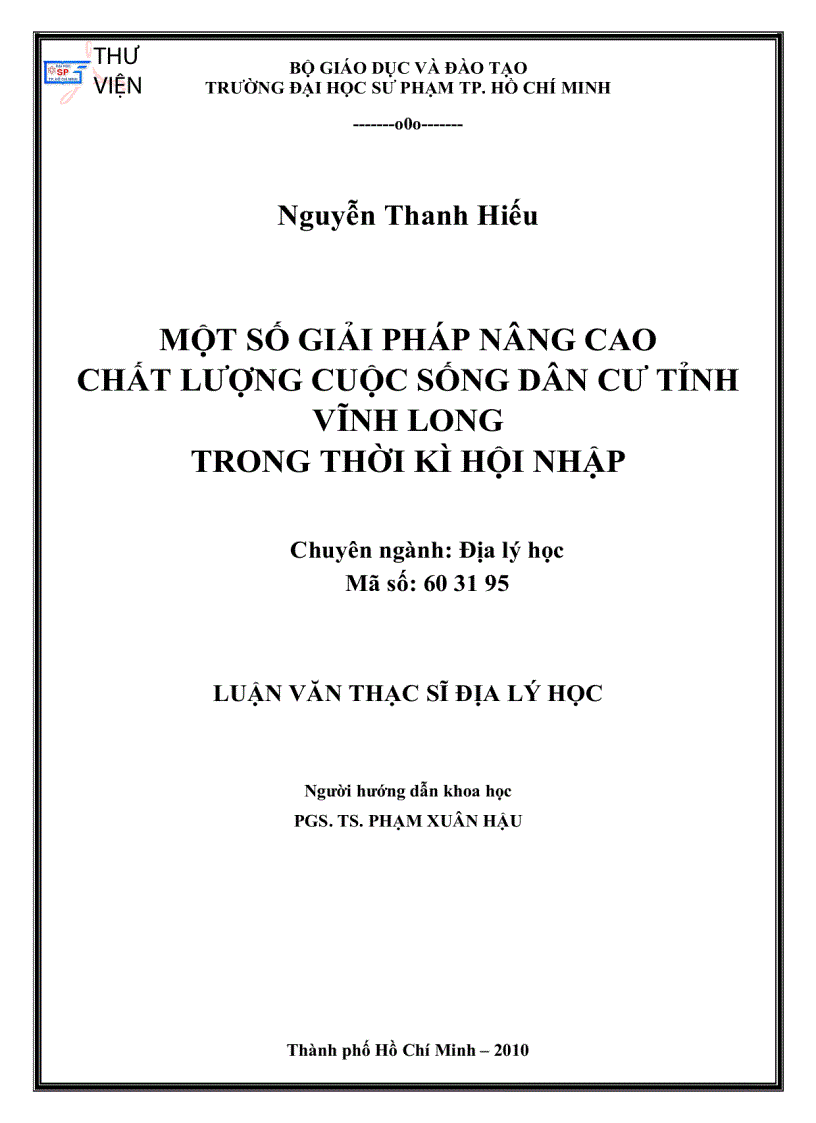 Một số giải pháp nâng cao chất lượng cuộc sống dân cư tỉnh Vĩnh Long trong thời kì hội nhập