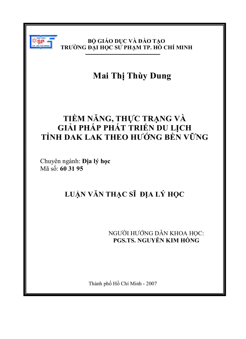 Tiềm năng thực trạng và giải pháp phát triển du lịch tỉnh Dak Lak theo hướng bền vững