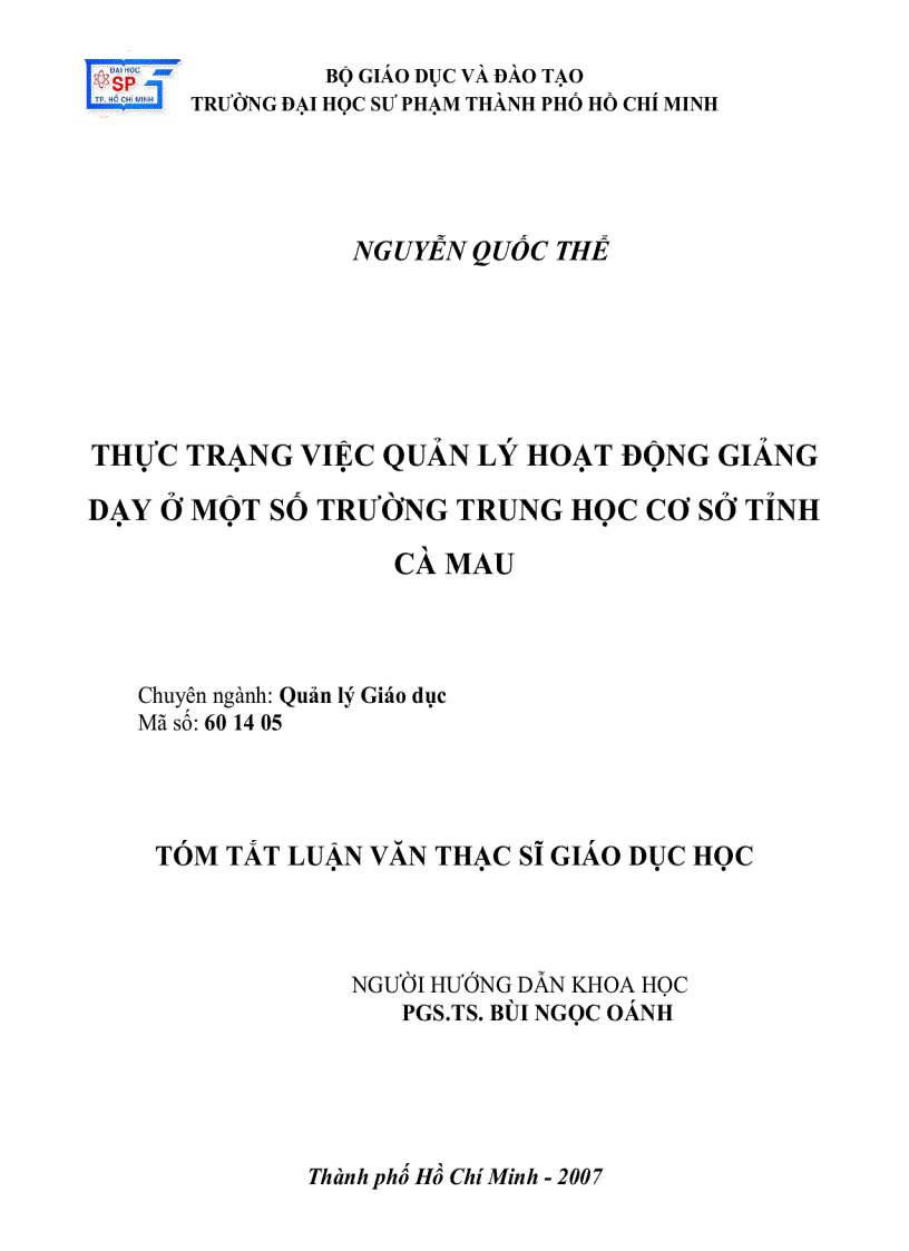 Thực trạng việc quản lí hoạt động giảng dạy ở một số trường trung học cơ sở tỉnh Cà Mau