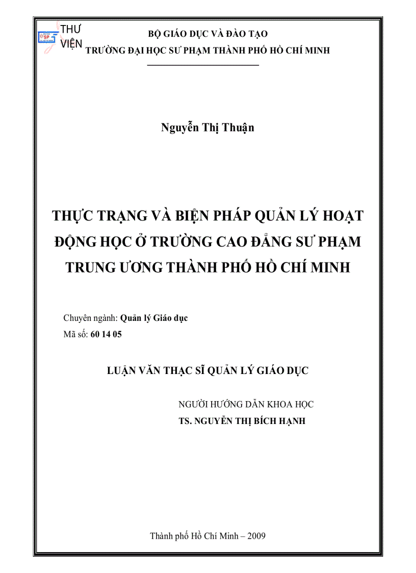 Thực trạng và biện pháp quản lý hoạt động học ở trường Cao đẳng sư phạm Trung ương thành phố Hồ Chí Minh