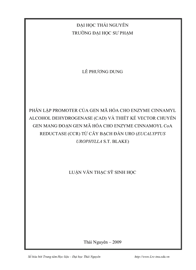 Phân lập promoter của gen mã hóa cho enzyme cinnamyl alcohol dehydrogenase cad và thiết kế vector chuyển gen mang đoạn gen mã hóa cho enzyme cinnamo