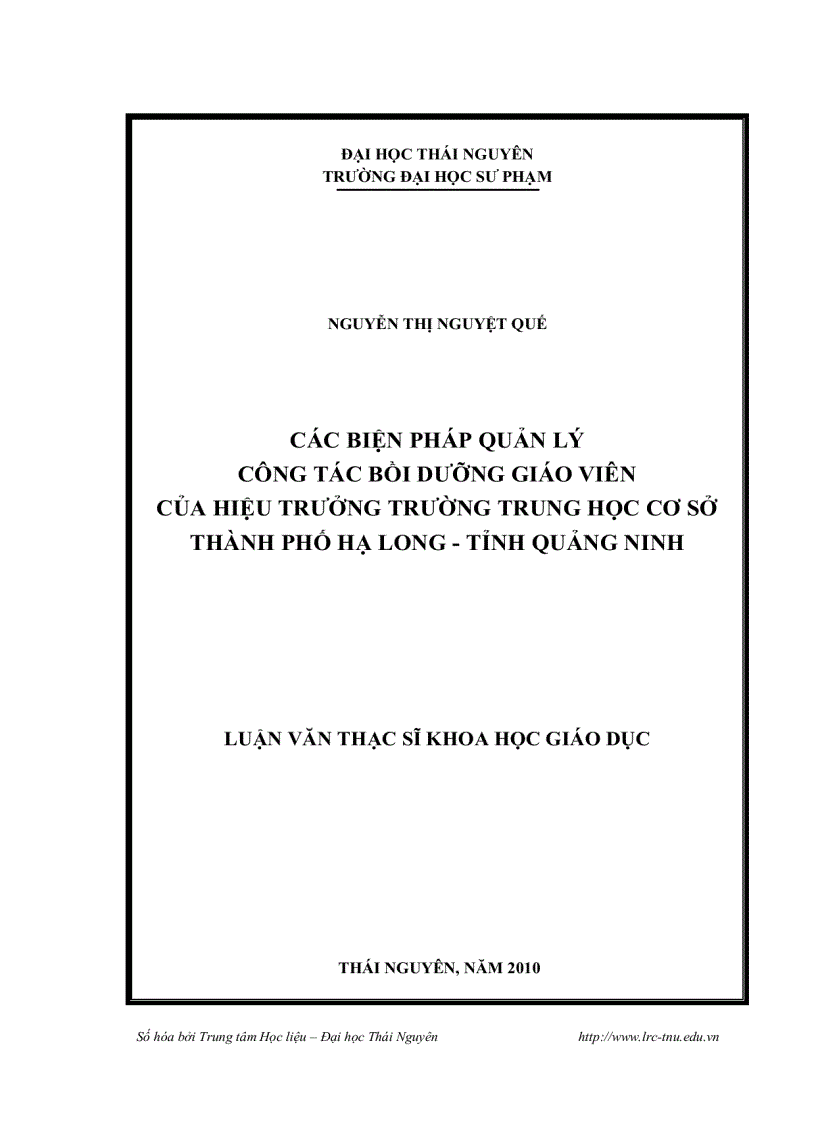 Các biện pháp quản lý công tác bồi dưỡng giáo viên của hiệu trưởng trường trung học cơ sở thành phố hạ long tỉnh quảng ninh