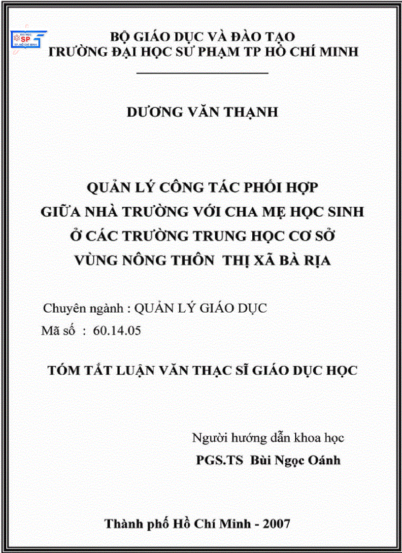 Quản lí công tác phối hợp giữa nhà trường với cha mẹ học sinh ở các trường trung học cơ sở vùng nông thôn thị xã Bà Rịa