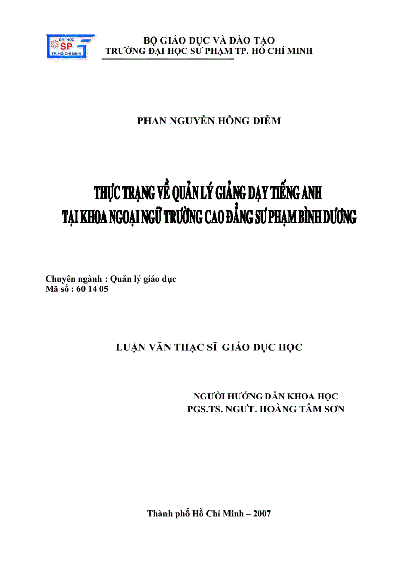 Thực trạng về quản lý giảng dạy tiếng Anh tại khoa ngoại ngữ trường Cao Đẳng sư phạm Bình Dương