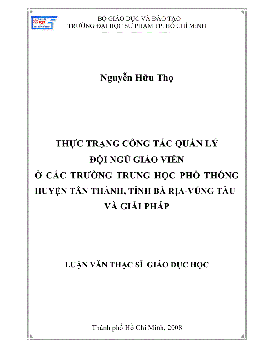 Thực trạng công tác quản lý đội ngũ giáo viên ở các trường trung học phổ thông huyện Tân Thành tỉnh Bà Rịa Vũng Tàu và giải pháp